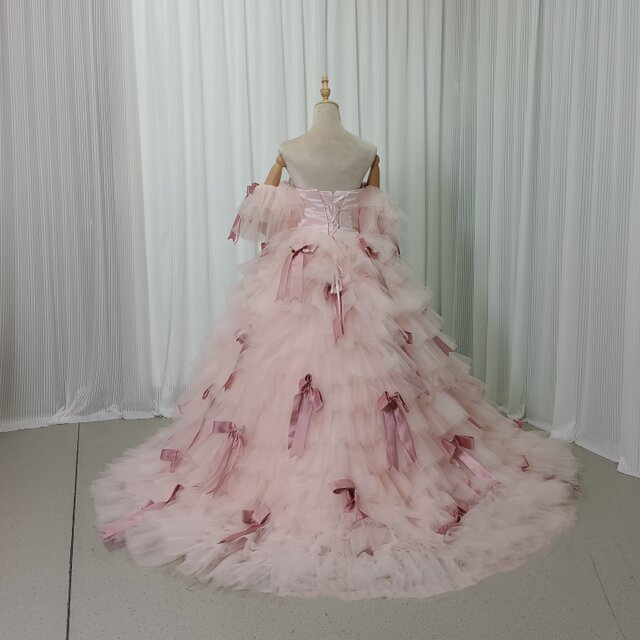 美品！カラードレス ピンク ベアトップ フリル袖 ボリュームドレス