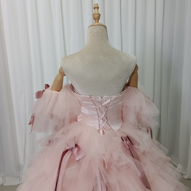 美品！カラードレス ピンク ベアトップ フリル袖 ボリューム