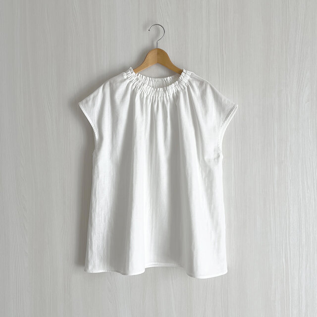 フレンチ袖クルーギャザープルオーバー_ダブルガーゼ綿100％_White