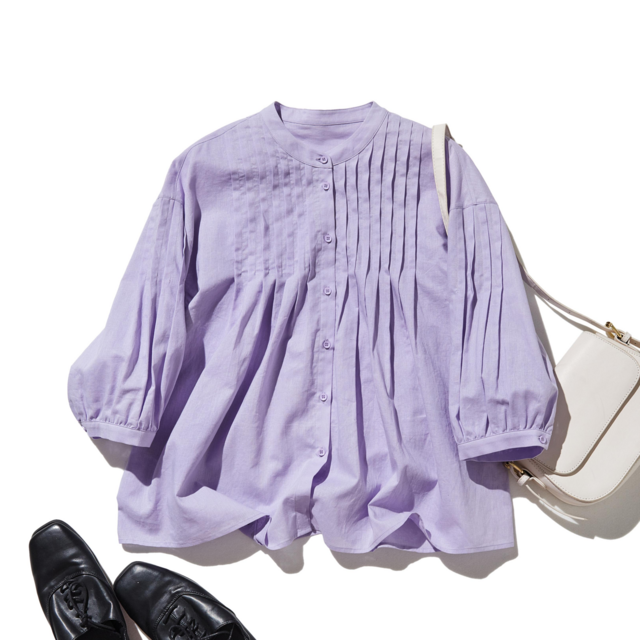 表情を豊かに魅せてくれるピンタック入りブラウス　7分袖　コットンリネン　パールパープル250425-4
