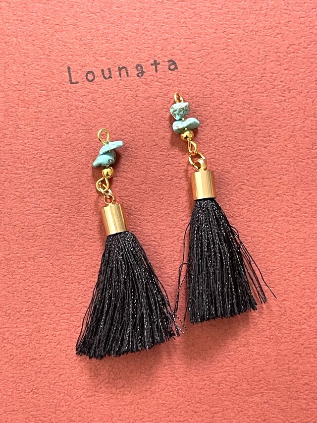 ターコイズピアス タッセルピアス フリンジピアス ブラックタッセル 夏ピアス 樹脂ピアス
