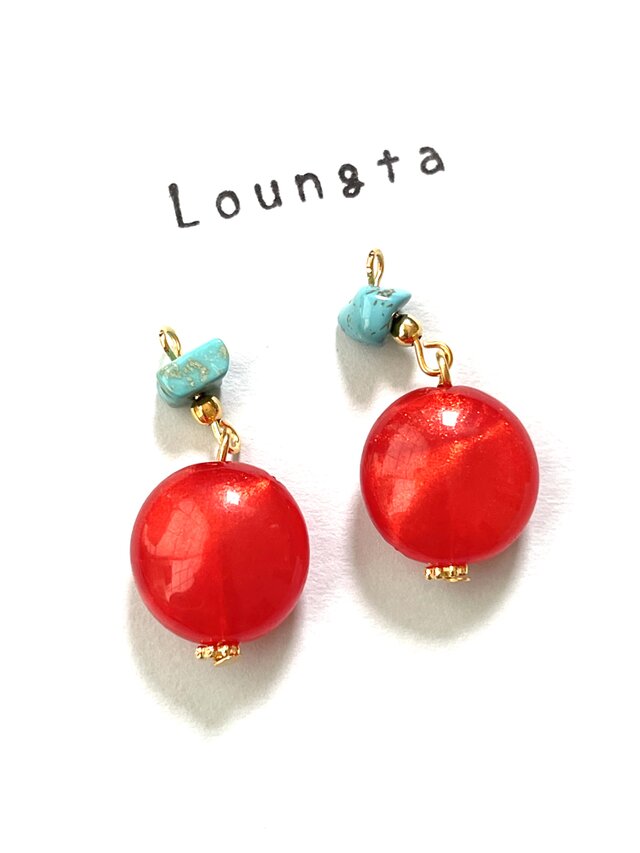 ターコイズピアス ターコイズ レッドアクリルビーズ 夏ピアス 樹脂ピアス