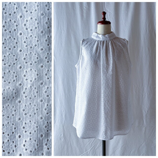 レディの夏服：ロマネノースリーブ（ダブルガーゼカットワークレース：ラウンドフラワー：オフホワイト）