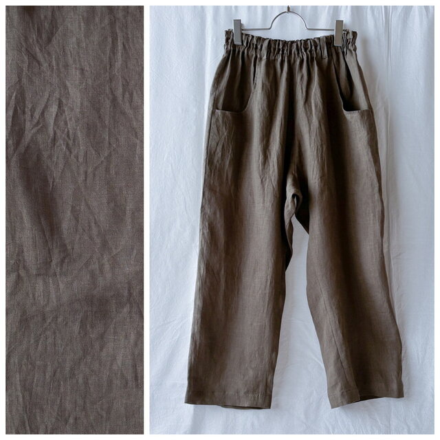 レディの夏服：ジェルミナルパンツ（9～13号）（ショート丈：無地リネン：ブラウンカーキ）