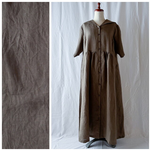 おとなのセーラーカラーワンピース（5分袖）：120cm丈（無地リネン：ブラウンカーキ）