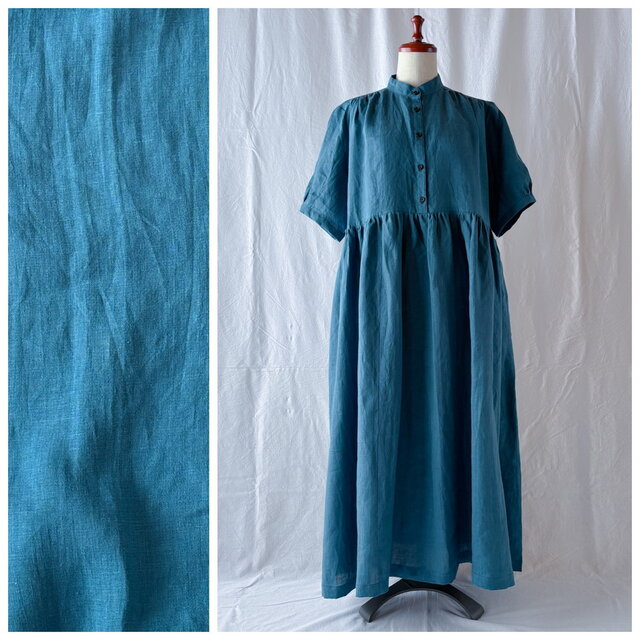 レディのためのプラムワンピース（5分袖）：120cm丈（無地リネン：ターコイズ）