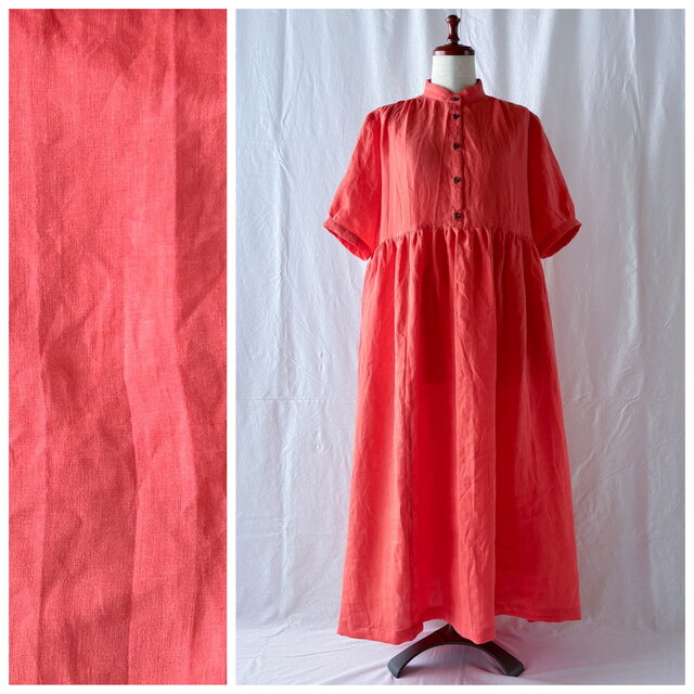 レディのためのプラムワンピース（5分袖）：120cm丈（無地リネン：タイガーリリー）