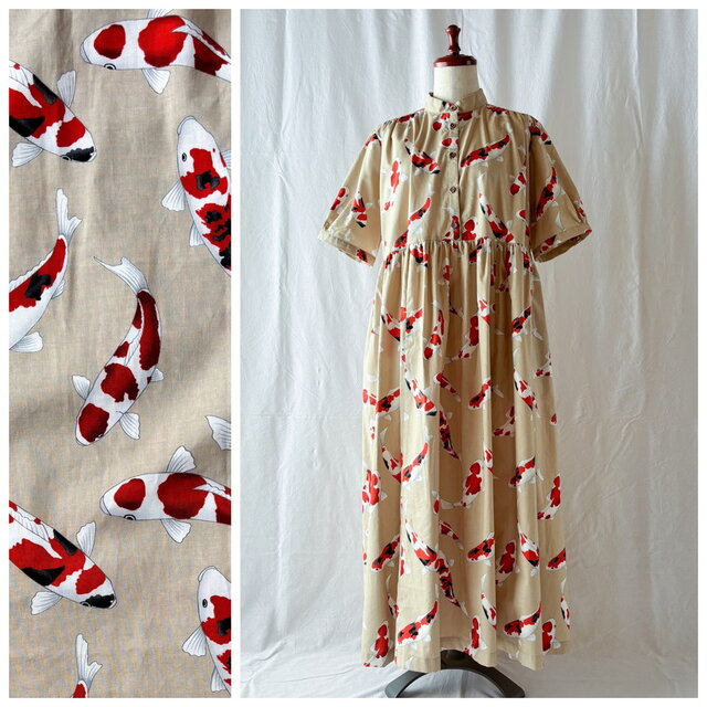 レディのためのプラムワンピース（5分袖）：120cm丈（錦鯉：ベージュ）