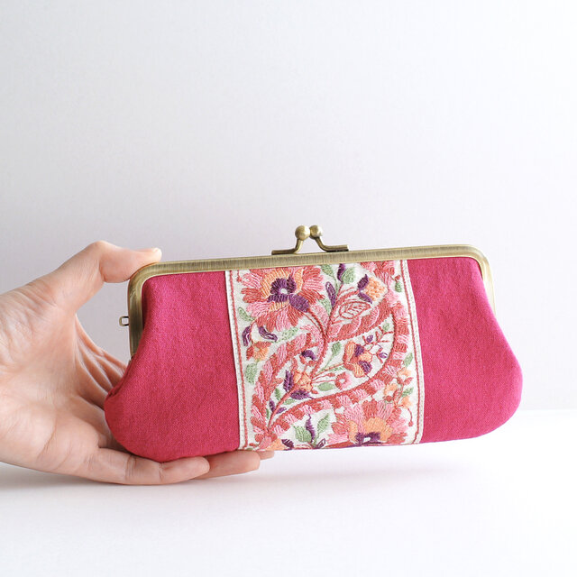 インド刺繍リボンのがま口ポーチ/ペンケース ピンク | iichi 日々の