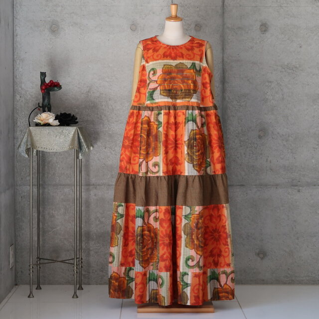 夜具地のティアードワンピース/　L　 着物リメイク　　