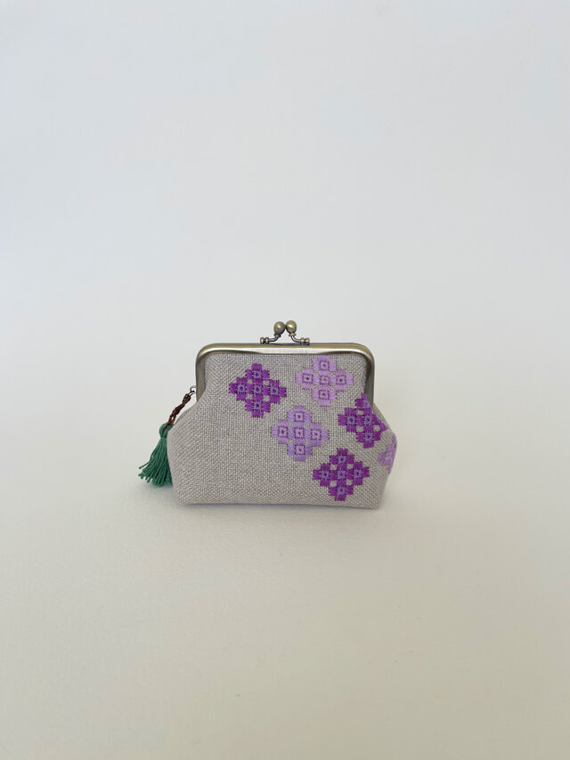 紫陽花・紫色 - 10cmリネンがま口ポーチ