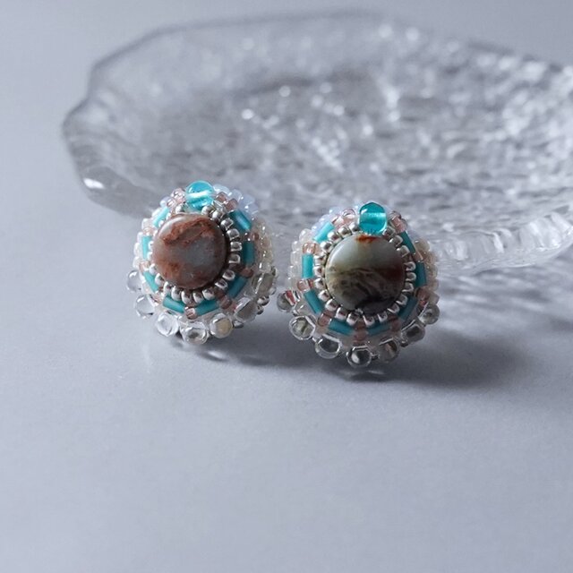 ビーズ刺繍のイヤリング ピアス 13 ブルー クリア シルバー ターコイズ