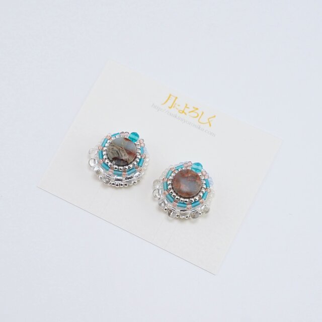 ビーズ刺繍のイヤリング ピアス 13 ブルー クリア シルバー ターコイズ