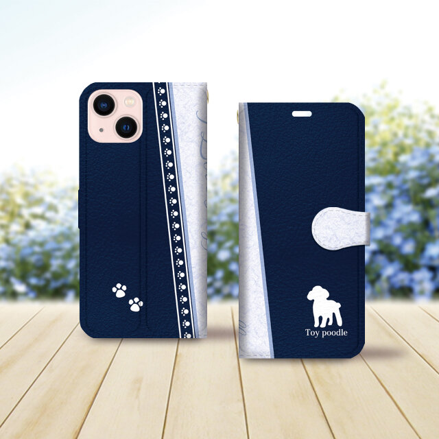 iPhone専用 手帳型スマホケース （カメラ穴あり/はめ込み式/スタンド機能付き）【アイラブ・トイプードル（ネイビー）】