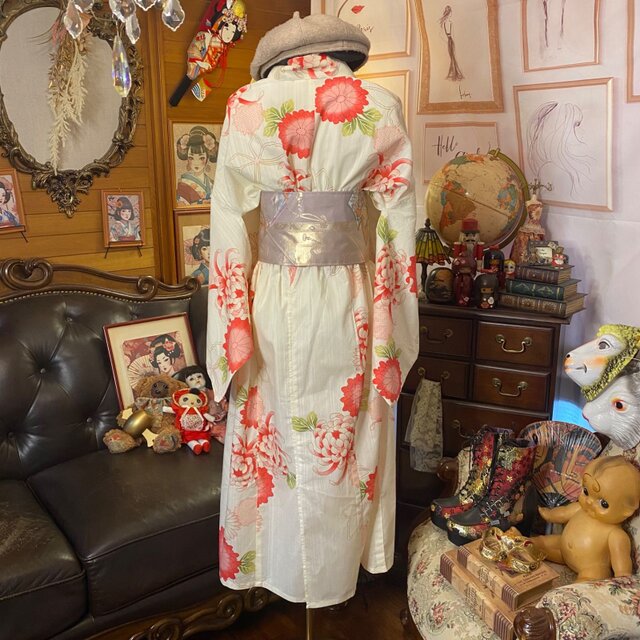 浴衣リメイク セミロング ワンピース ドレス 名古屋帯サッシュベルト 和洋折衷 レトロ 古着 ハンドメイド 「桃の光に咲く、やわらかな願い。」 W-549 浴衣リメイク セミロング ワンピース ドレス 名古屋帯サッシュベルト