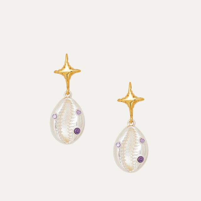 星と貝のしずくイヤリング＊パープルストーン（銀メッキ／3.5cm）