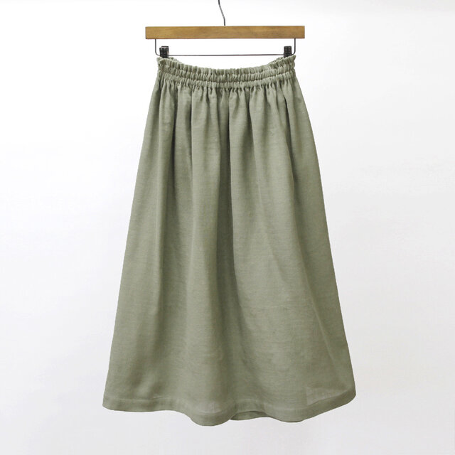 【即納】さらりと軽やか、リネンのナチュラルな風合い ハーフリネン ダブルガーゼのギャザースカート（グリーン）