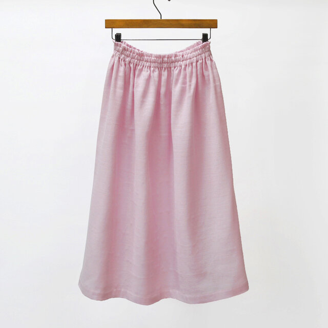 【即納】さらりと軽やか、リネンのナチュラルな風合い ハーフリネン ダブルガーゼのギャザースカート（ピンク）