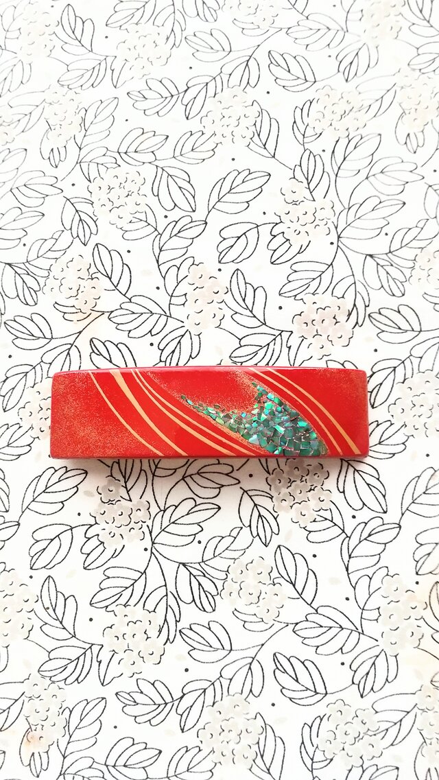 輪島塗　四角形バレッタ　渦　朱漆