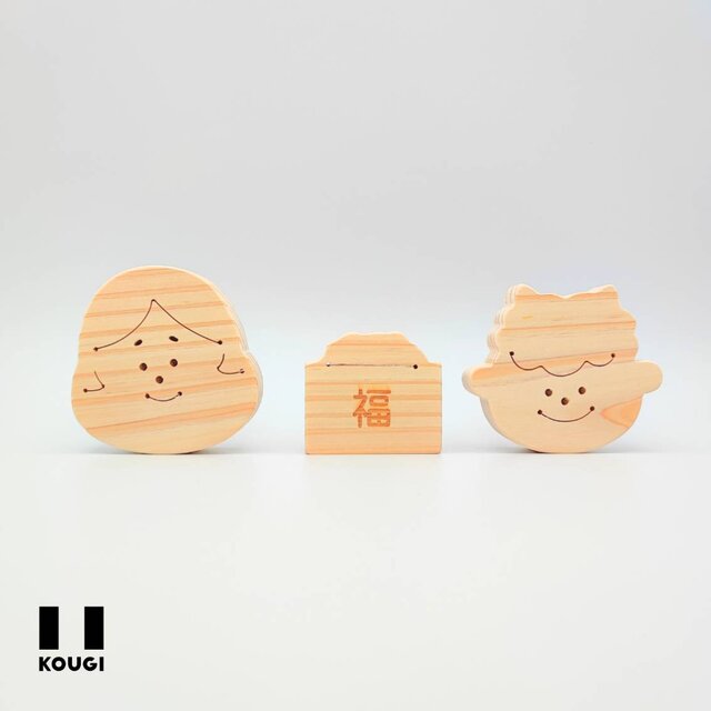 木製彫刻型 顔と植物デザイン 菓子型 おかめ 鬼 節分】ヒノキの節分オブジェ♡スマイル（鬼さん・おかめさん・豆まき