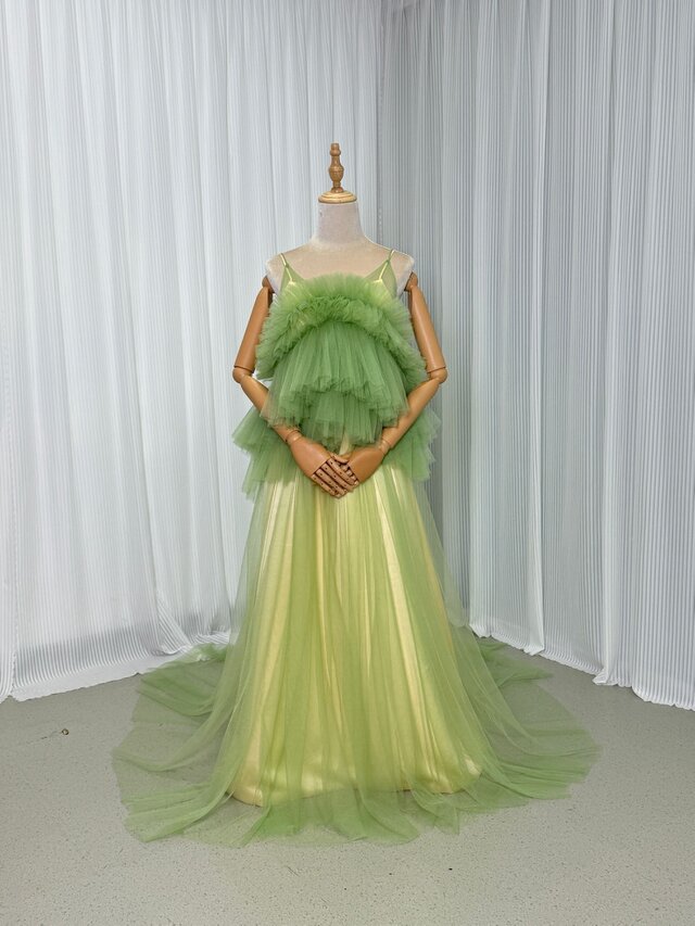 パーティードレス グリーン ソフトチュール ツーピース イエロー キャミソール マタニティ 抜群のおしゃれ見え 前撮り