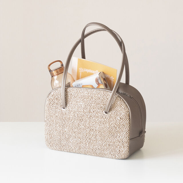 夏新作かご ボウリングバッグ ヴィンテージ風編みｘPUレザー【シャイニーブラウンｘナチュレ】ロングハンドル