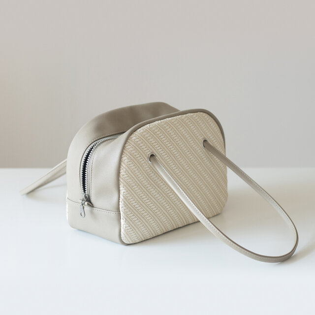 夏新作かご ボウリングバッグ 斜め編みxPUレザー【カーキx