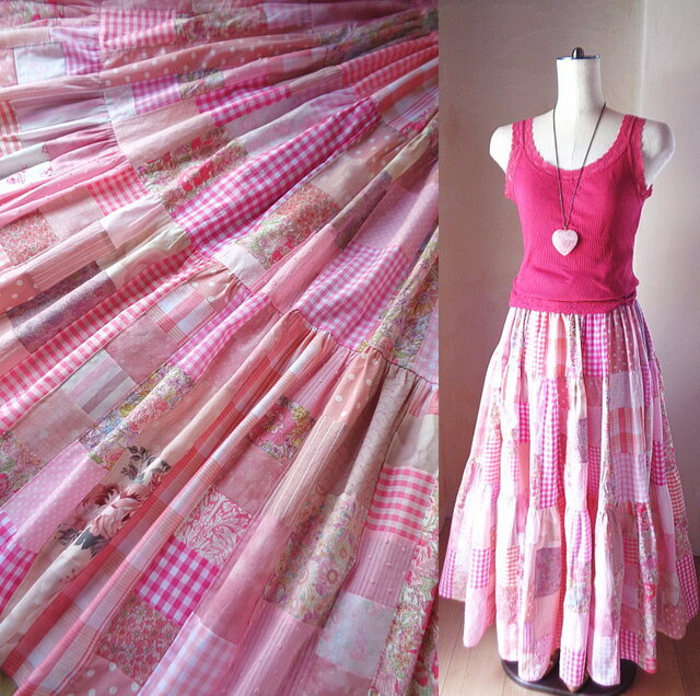 絵画なパッチワーク♥マキシ丈♥ボリュームティアードスカート♥大人のピンク 絵画なパッチワーク♥pink♥超ボリューム♥ティアードギャザー