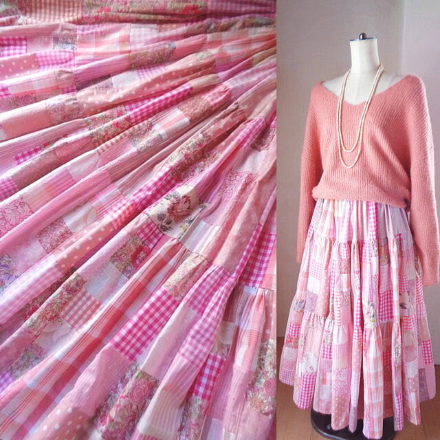 一点もの♥絵画なパッチワーク♥Lovely pink♥超ボリューム♥ティアードギャザースカート♥マキシ丈