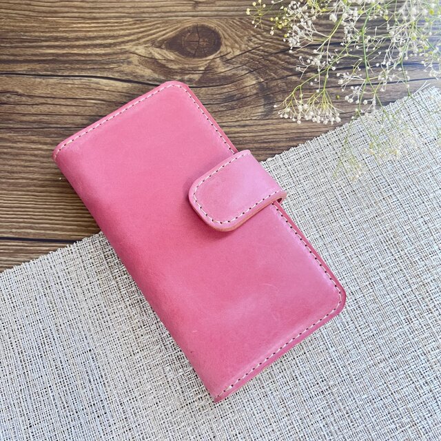 牛革 大人かわいいくすみピンク 手帳型スマホケース iPhone, Xperia