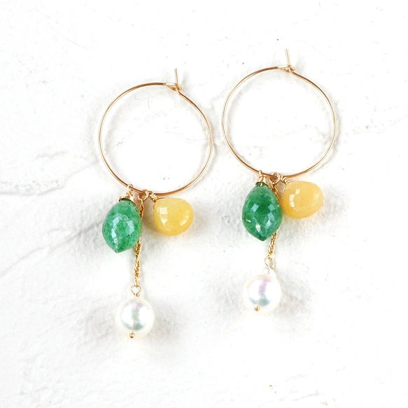 三つの小さな宝物チャームセット　光を抱くグリーン　グリーンストロベリークォーツxイエローオパール