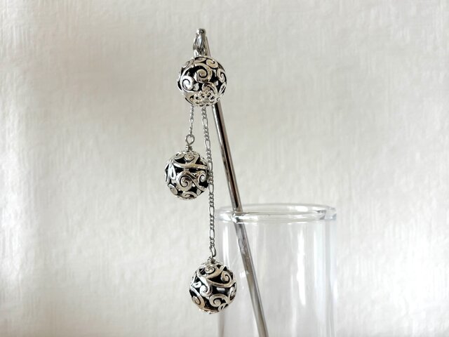 かんざし アジアンシルバー透かしボールビーズ3連 和風 アンティーク