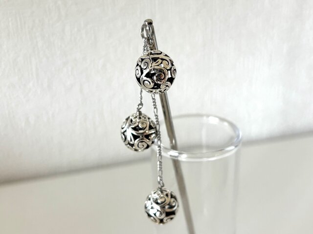 かんざし アジアンシルバー透かしボールビーズ3連 和風 アンティーク