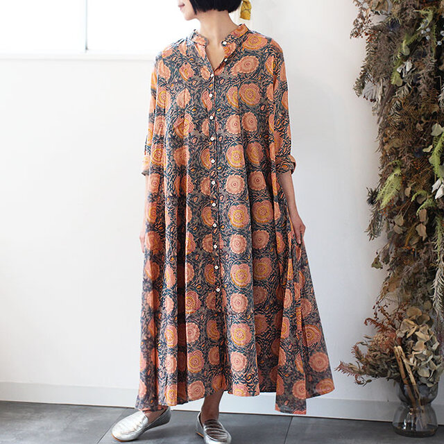 ブロックプリント前開きシャツワンピース【アンティークフローラル】