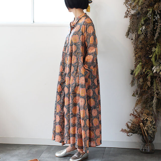 ブロックプリント前開きシャツワンピース【アンティークフローラル