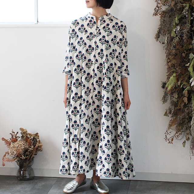ブロックプリント前開きシャツワンピース【ネイビーフローラル】