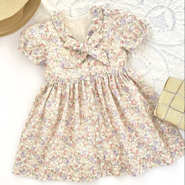 【即納】ボウタイリボン付きワンピース　チューリップ　ピンク　半袖　パフスリーブ　ボタン前開き　可愛い　上品　襟　7Y120130