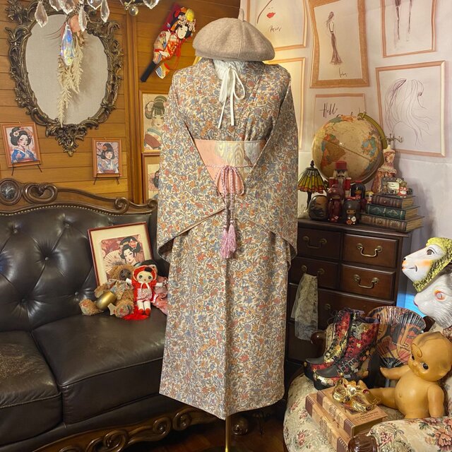 着物リメイク セミロング ワンピース ドレス 洗える 化繊 名古屋帯