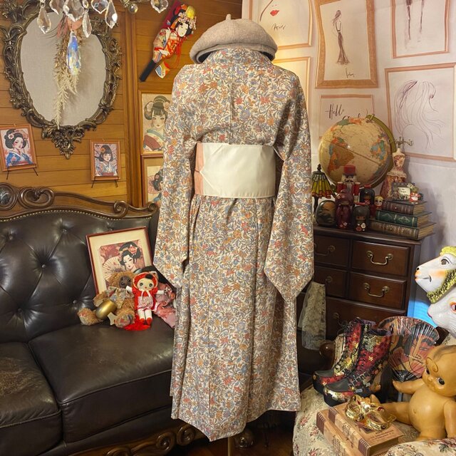 着物リメイク セミロング ワンピース ドレス 洗える 化繊 名古屋帯