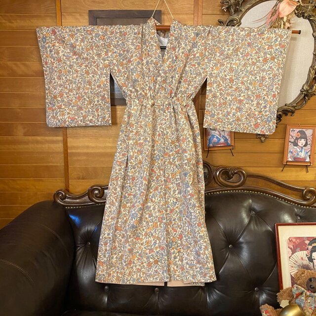 着物リメイク  セミロングワンピース／ドレス／洗える化繊 帯サッシュベルト 常盤の森 × 可憐なる和の花 KW-1282 着物リメイク セミロング ワンピース ドレス 洗える 化繊 名古屋帯