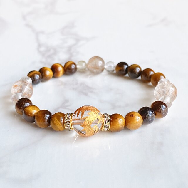 【再販15点以上】金龍 仕事運・巨万の富をもたらす 金龍水晶 ルチルクォーツ タイガーアイ  天然石 ブレスレット No341