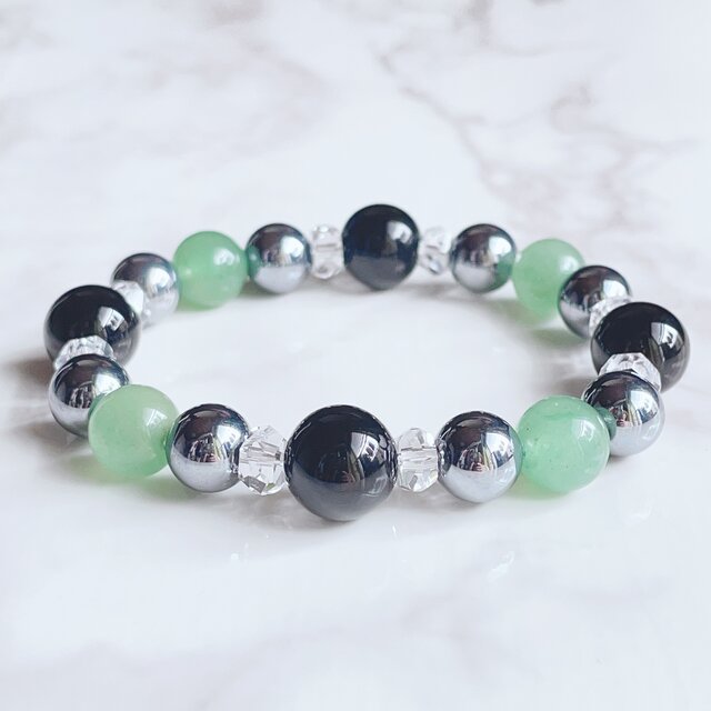 【再販】気の流れを調整し心身を健康へ導く オニキス テラヘルツ アベンチュリン パワーストーン 天然石 ブレスレット No611
