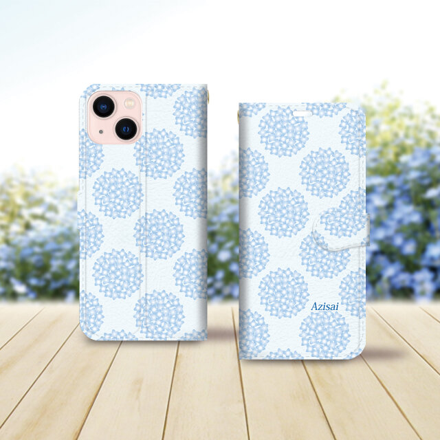 iPhone専用 手帳型スマホケース （カメラ穴あり/はめ込み式/スタンド機能付き）【あじさい】