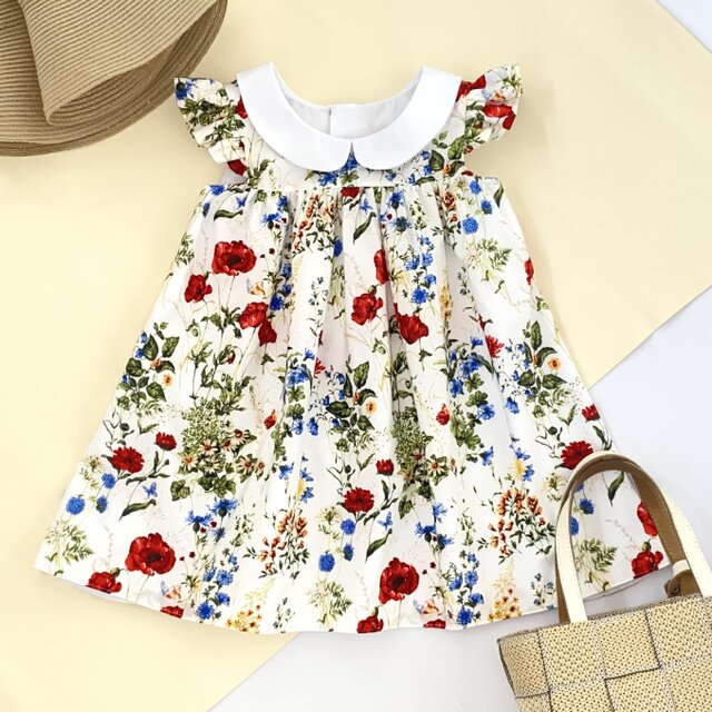 【一点物・4Yサイズ】ボタニカル柄ワンピース　限定　即納　フリル　カラフル　ノースリーブ　綿　花　白襟　総裏地　100 105