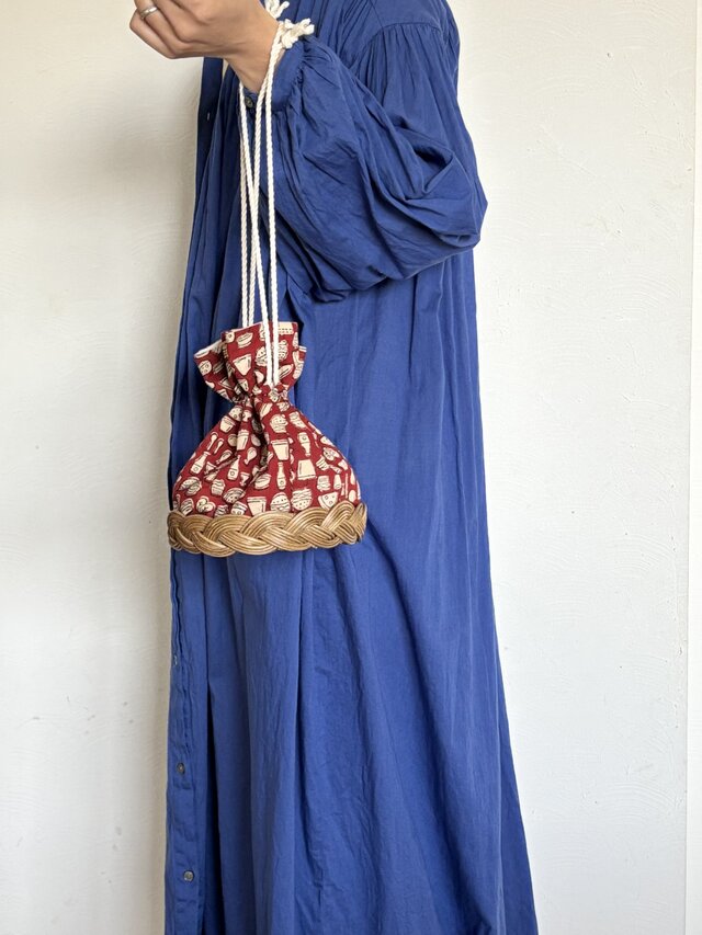 ラタンの巾着【ランチ】/ブロックプリント/手編みの小さなバッグ