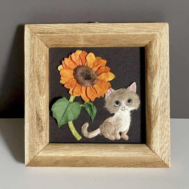 絵画 。手描き【かわいい猫たちが花、ワイン、果物のテーブルを