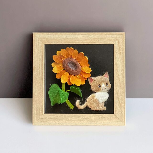 和紙ちぎり絵（無料ラッピング付き）『夏の花とネコ』ひまわりとハチワレ猫の小さなウォールデコ