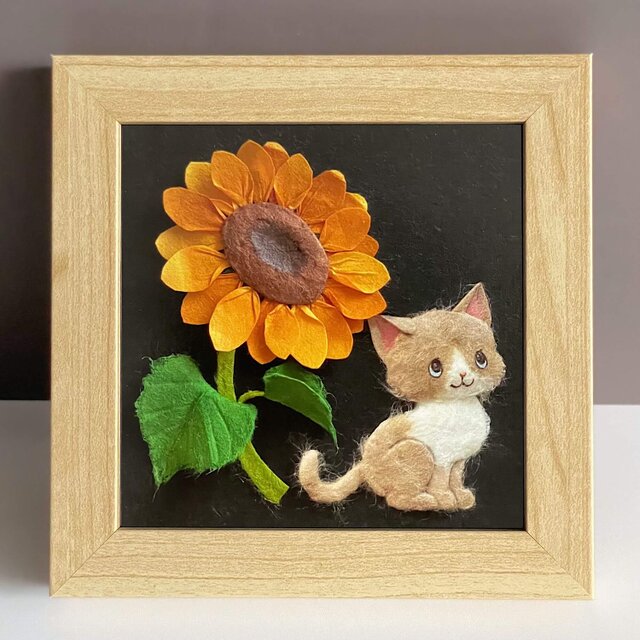 和紙ちぎり絵（無料ラッピング付き）『夏の花とネコ』ひまわりと