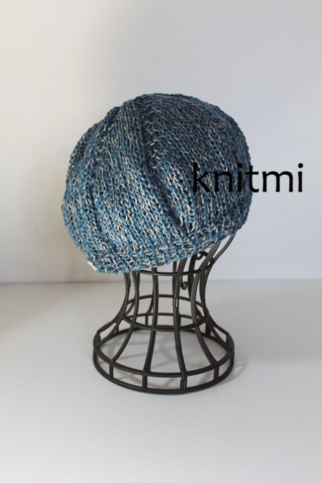【北欧リネン100%】しめつけない 春夏ニット ベレー帽子　ニット帽　デニムカラー　ブルーグレーmix