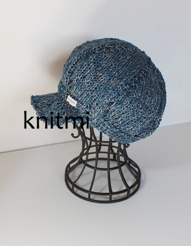 つば付き【北欧リネン100%】しめつけない 春夏ニット ベレー帽子 キャスケット　デニムカラー　ブルーグレーmix